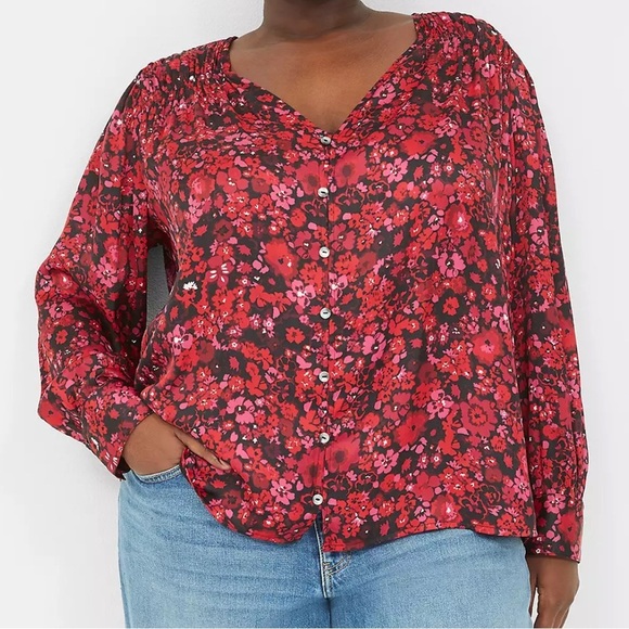 Lane Bryant Ruched Button-Front Knit & Woven Blouse Red Floral Plus Size 14/16 - Picture 2 of 11